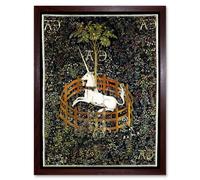 Artery8 Wall Art Print Unicorn Rests in a Garden Medieval Mythical Animal Nature Art Middle Ages Tapestry Art Framed in Brown | Size: W12" x H16" Artery8 Brown W12" x H16"