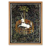 Artery8 Wall Art Print Unicorn Rests in a Garden Medieval Mythical Animal Nature Art Middle Ages Tapestry Art Framed in Light Oak | Size: W12" x H16" Artery8 Light Oak W12" x H16"