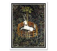 Artery8 Wall Art Print Unicorn Rests in a Garden Medieval Mythical Animal Nature Art Middle Ages Tapestry Art Framed in White | Size: W12" x H16" Artery8 White W12" x H16"