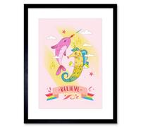 Artery8 Wall Art Print Unicorn Seahorse Narwhal Believe Art Framed 9X7 Inch