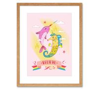 Artery8 Wall Art Print Unicorn Seahorse Narwhal Believe Art Framed 9x7 inch in Beige | Size: W7" x H9" Artery8 Beige W7" x H9"