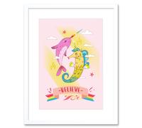 Artery8 Wall Art Print Unicorn Seahorse Narwhal Believe Art Framed 9x7 inch in White | Size: W7" x H9" Artery8 White W7" x H9"