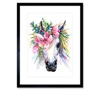 Artery8 Wall Art Print Unicorn with Flower Wreath Art Framed 9x7 inch in Black | Size: W7" x H9" Artery8 Black W7" x H9"