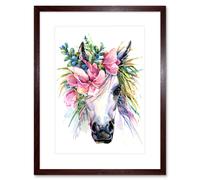 Artery8 Wall Art Print Unicorn with Flower Wreath Art Framed 9x7 inch in Brown | Size: W7" x H9" Artery8 Brown W7" x H9"