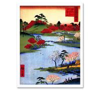 Artery8 Wall Art Print Utagawa Hiroshige Colourful Ukiyo-e Japanese Woodblock River Landscape with Cherry Blossom Trees Art Framed Artery8 White W12" x H16"