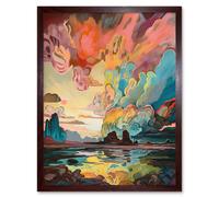 Artery8 Wall Art Print Van Gogh Inspired Atmospheric Clouds Over Mono Lake at Dawn Modern Watercolour Painting Art Framed in Brown | Size: W12" x H16" Artery8 Brown W12" x H16"