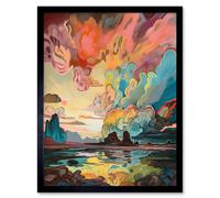 Artery8 Framed Wall Art Van Gogh Inspired Atmospheric Clouds Over Mono Lake At Dawn Modern Watercolour Painting - 12X16 Inch