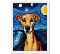 Wall Art Print Van Goghs Dog Artwork Night Scene Full Moon Blue Brown Yellow Oil Painting Artwork Framed A4 Artery8 White A4