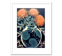 Artery8 Wall Art Print Vase with Flower Blooms & Thistles Floral Linocut Coral Pink Blue Scottish Plant Artwork Framed 9X7 Inch | Size: W7" x H9" Artery8 White W7" x H9"