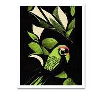 Artery8 Wall Art Print Vibrant Bright Lime Green Black Cream Jungle Leaf Pattern with Bird Modern Vintage Linocut Art Framed | Size: W12" x H16" Artery8 White W12" x H16"