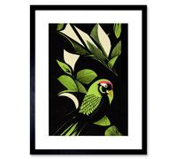 Artery8 Wall Art Print Vibrant Bright Lime Green Black Cream Jungle Leaf Pattern with Bird Modern Vintage Linocut Artwork Framed 9X7 Inch Artery8 Black W7" x H9"