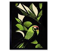 Artery8 Wall Art Print Vibrant Bright Lime Green Black Cream Jungle Leaf Pattern with Bird Modern Vintage Linocut Art Framed | Size: W12" x H16" Artery8 Black W12" x H16"