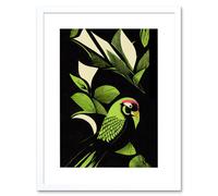 Artery8 Wall Art Print Vibrant Bright Lime Green Black Cream Jungle Leaf Pattern with Bird Modern Vintage Linocut Artwork Framed 9X7 Inch Artery8 White W7" x H9"