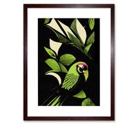 Artery8 Wall Art Print Vibrant Bright Lime Green Black Cream Jungle Leaf Pattern with Bird Modern Vintage Linocut Artwork Framed 9X7 Inch Artery8 Brown W7" x H9"