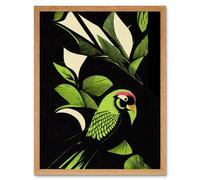 Artery8 Wall Art Print Vibrant Bright Lime Green Black Cream Jungle Leaf Pattern with Bird Modern Vintage Linocut Art Framed | Size: W12" x H16" Artery8 Light Oak W12" x H16"