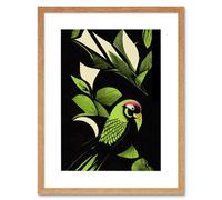 Artery8 Wall Art Print Vibrant Bright Lime Green Black Cream Jungle Leaf Pattern with Bird Modern Vintage Linocut Artwork Framed 9X7 Inch Artery8 Beige W7" x H9"