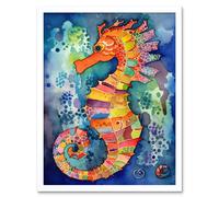 Artery8 Wall Art Print Vibrant Colour Pattern Seahorse Folk Art Framed in White | Size: W12" x H16" Artery8 White W12" x H16"