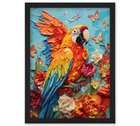 Artery8 Vibrant Macaw Parrot Heavy Oil Paint with Butterflies and Flowers High Texture Artwork Framed Wall Art Print A4