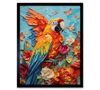 Artery8 Wall Art Print Vibrant Macaw Parrot Heavy Oil Paint with Butterflies & Flowers High Texture Artwork Art Framed in Black | Size: W12" x H16" Artery8 Black W12" x H16"