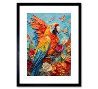 Artery8 Wall Art Print Vibrant Macaw Parrot Heavy Oil Paint with Butterflies & Flowers High Texture Artwork Framed 9X7 Inch in Black | Size: W7" x H9" Artery8 Black W7" x H9"