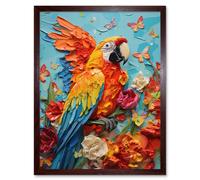 Artery8 Wall Art Print Vibrant Macaw Parrot Heavy Oil Paint with Butterflies & Flowers High Texture Artwork Art Framed in Brown | Size: W12" x H16" Artery8 Brown W12" x H16"