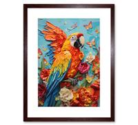 Artery8 Wall Art Print Vibrant Macaw Parrot Heavy Oil Paint with Butterflies & Flowers High Texture Artwork Framed 9X7 Inch in Brown | Size: W7" x H9" Artery8 Brown W7" x H9"