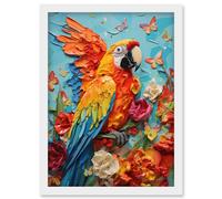 Artery8 Vibrant Macaw Parrot Heavy Oil Paint with Butterflies and Flowers High Texture Artwork Framed Wall Art Print A4