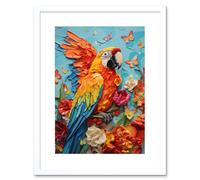 Artery8 Wall Art Print Vibrant Macaw Parrot Heavy Oil Paint with Butterflies & Flowers High Texture Artwork Framed 9X7 Inch in White | Size: W7" x H9" Artery8 White W7" x H9"