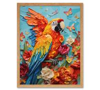 Artery8 Wall Art Print Vibrant Macaw Parrot Heavy Oil Paint with Butterflies & Flowers High Texture Artwork Art Framed | Size: W12" x H16" Artery8 Light Oak W12" x H16"