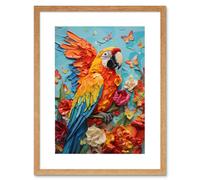 Artery8 Wall Art Print Vibrant Macaw Parrot Heavy Oil Paint with Butterflies & Flowers High Texture Artwork Framed 9X7 Inch in Beige | Size: W7" x H9" Artery8 Beige W7" x H9"