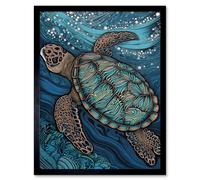 Artery8 Wall Art Print Vibrant Sea Turtle Swimming Under the Surface Art Framed in Black | Size: W12" x H16" Artery8 Black W12" x H16"