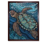 Artery8 Wall Art Print Vibrant Sea Turtle Swimming Under the Surface Art Framed in Brown | Size: W12" x H16" Artery8 Brown W12" x H16"