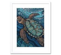Artery8 Wall Art Print Vibrant Sea Turtle Swimming Under the Surface Artwork Framed 9X7 Inch in White | Size: W7" x H9" Artery8 White W7" x H9"