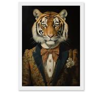 Wall Art Print Victorian Tiger in William Morris Style Pattern Dinner Jacket Conceptual Portrait Artwork Elegant Floral Pattern Bow Tie and Boutonnièr Artery8 White A4