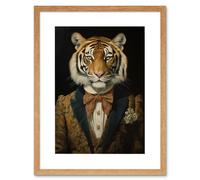 Artery8 Wall Art Print Victorian Tiger in William Morris Style Pattern Dinner Jacket Conceptual Portrait Artwork Elegant Floral Pattern Bow Tie & Artery8 Beige W7" x H9"