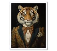 Artery8 Wall Art Print Victorian Tiger in William Morris Style Pattern Dinner Jacket Conceptual Portrait Artwork Elegant Floral Pattern Bow Tie & Artery8 White W12" x H16"