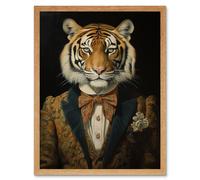 Artery8 Wall Art Print Victorian Tiger in William Morris Style Pattern Dinner Jacket Conceptual Portrait Artwork Elegant Floral Pattern Bow Tie & Artery8 Light Oak W12" x H16"