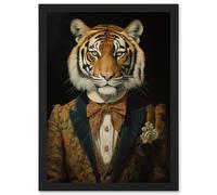 Wall Art Print Victorian Tiger in William Morris Style Pattern Dinner Jacket Conceptual Portrait Artwork Elegant Floral Pattern Bow Tie and Boutonnièr Artery8 Black A4