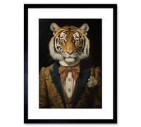 Artery8 Wall Art Print Victorian Tiger in William Morris Style Pattern Dinner Jacket Conceptual Portrait Artwork Elegant Floral Pattern Bow Tie & Artery8 Black W7" x H9"