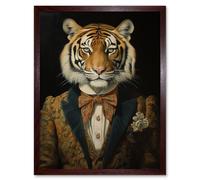 Artery8 Wall Art Print Victorian Tiger in William Morris Style Pattern Dinner Jacket Conceptual Portrait Artwork Elegant Floral Pattern Bow Tie & Artery8 Brown W12" x H16"