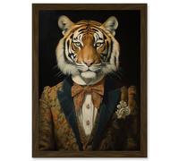 Wall Art Print Victorian Tiger in William Morris Style Pattern Dinner Jacket Conceptual Portrait Artwork Elegant Floral Pattern Bow Tie and Boutonnièr Artery8 Brown A4