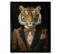 Artery8 Wall Art Print Victorian Tiger in William Morris Style Pattern Dinner Jacket Conceptual Portrait Artwork Elegant Floral Pattern Bow Tie & Artery8 Black W12" x H16"