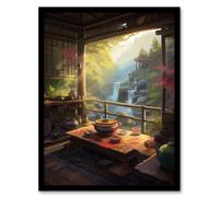 Artery8 Wall Art Print View From Tea House Patio Painting Traditional Ceremony Japan Hospitality Serene Waterfall Landscape Art Framed Artery8 Multicolor W12" x H16"
