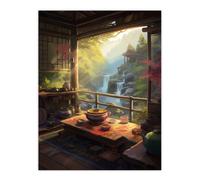 Artery8 Wall Art Print View From Tea House Patio Painting Traditional Ceremony Japan Hospitality Serene Waterfall Landscape Poster | Size: W12" x H16" Artery8 Multicolor W12" x H16"