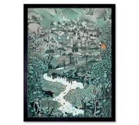 Artery8 Wall Art Print Village Near River Forest Landscape Blue Linocut Art Framed in Black | Size: W12" x H16" Artery8 Black W12" x H16"