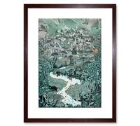 Artery8 Wall Art Print Village Near River Forest Landscape Blue Linocut Artwork Framed 9X7 Inch in Brown | Size: W7" x H9" Artery8 Brown W7" x H9"