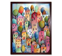 Artery8 Wall Art Print Village On The Hill Cobble Streets Folk Art Framed in Brown | Size: W12" x H16" Artery8 Brown W12" x H16"