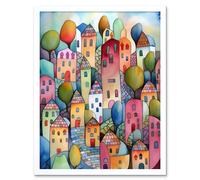 Artery8 Wall Art Print Village On The Hill Cobble Streets Folk Art Framed in White | Size: W12" x H16" Artery8 White W12" x H16"