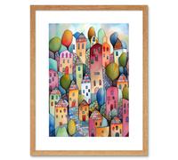 Artery8 Wall Art Print Village On The Hill Cobble Streets Folk Artwork Framed 9X7 Inch in Beige | Size: W7" x H9" Artery8 Beige W7" x H9"