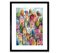 Artery8 Wall Art Print Village On The Hill Cobble Streets Folk Artwork Framed 9X7 Inch in Black | Size: W7" x H9" Artery8 Black W7" x H9"